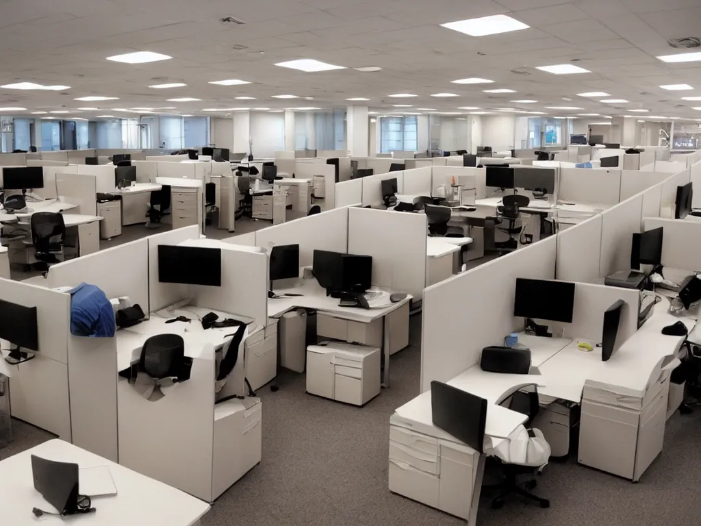 Prompt: 90s cubicle office with computers, people on break