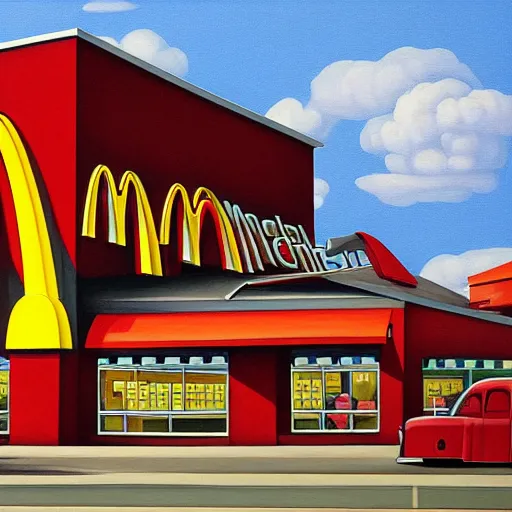 Image similar to painting of mcdonalds restaurant building, highly detailed, digital painting, smooth, sharp focus, art by m. c. escher