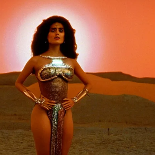 Prompt: beautiful Fine art photo of a young enraptured Salma Hayek as a solarpunk mayan robotic godess, photorealistic, centered, highly detailed, sunset lighting, in the movie 2001 A Space Odyssey, 8k