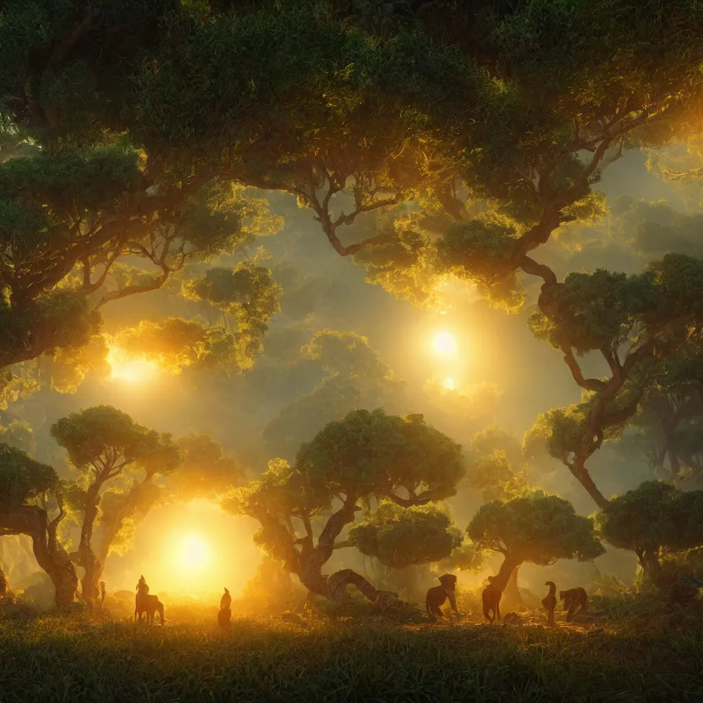 Image similar to light bears, avocado groves, sunrise inferno, an old snake prays, illustration, divine realm of gods, realistic cinematic style, filmed in 7 0 mm, volumetric lighting, octane render, photographic, concept art, unreal engine 8 k