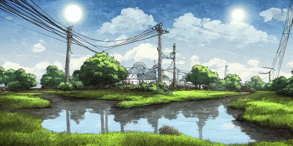 Image similar to round white dome and power lines, by a river and fields, art station, digital art, Studio Ghibli