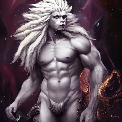 Image similar to aesthetic portrait commission of a albino muscular and attractive anthro lion as a greek god overlord with mane fur turning into cosmic smoke in the clouds, fantasy art, hyperdetailed. Character design by charlie bowater, ross tran, artgerm, and makoto shinkai, detailed, inked, western comic book art, 2021 award winning painting