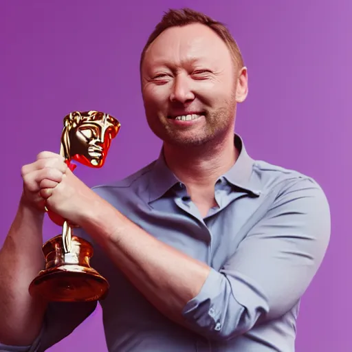 Image similar to limmy brian limond holding bafta award, realistic artstyle, wide shot, dramatic lighting, octane render, hyperrealistic, high quality, highly detailed, hd, beautiful, cinematic, 8 k, unreal engine, facial accuracy, symmetrical,