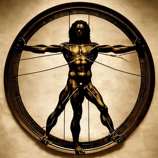 Prompt: Da Vinci's Vitruvian Man as a marble sculpture by Michelangelo, gold medallion, 4k, hyper realistic, detailed, accurate anatomy, four legs, four arms, octane render, well lit studio lighting