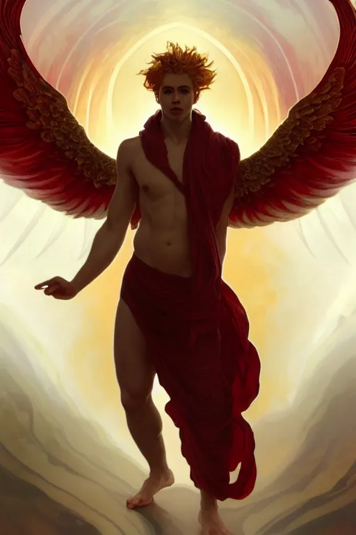 Prompt: symmetrical fullbody portrait of a beautiful young fit male angel with curly blond hairs, fulldressed in long fluent red clothes, majestic big demon wings, luminous fire halo, by greg rutkowski and alphonse mucha, gradient white to gold, in front of an hellish landscape background, highly detailed portrait, digital painting, artstation, concept art, smooth, sharp focus illustration