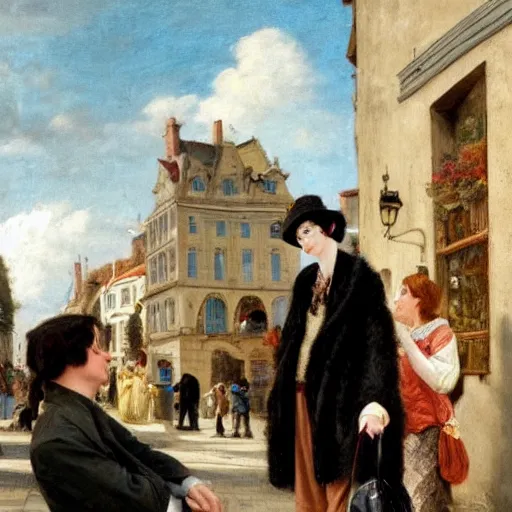 Image similar to niclas weintz trying to flirt with anne hathaway in a sunny street with jealous women with black hair standing in the back, 4 k, painting by eugene de lacroix, beautiful, high detail,