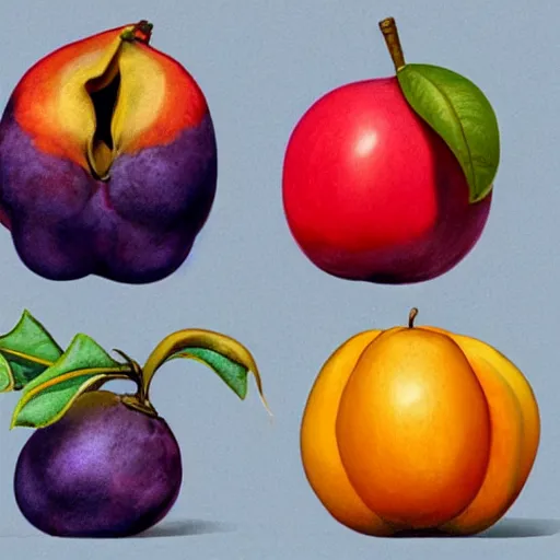 Image similar to Non-existent fantasy style fruit, fantastic colors, still life drawings.