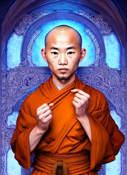 Image similar to male monk with a mongolian pigtail!!!! asian facial features and blue eyes!! intricate ornate blue robes!! character concept art, sharp focus, octane render! unreal engine 5! highly rendered!! trending on artstation!! detailed linework!! illustration by artgerm, wlop, and chie yoshii