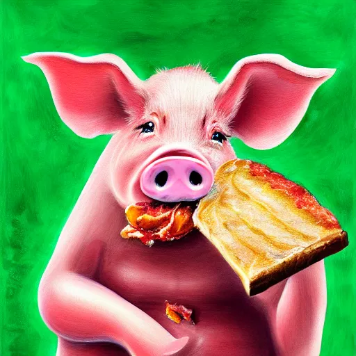 Image similar to a pig eating a rasher of bacon. detailed, realistic, digital painting,