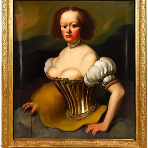 Image similar to disturbing dutch golden age oil painting by christian rex van minnen portrait of an extremely bizarre mutated proteus syndrome woman wearing shiny dress and jewels with intense chiaroscuro lighting perfect composition masterpiece