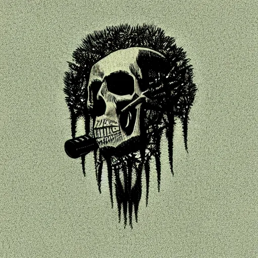 Image similar to dark death metal themed vector illustration for a record label, trees. forest, spikes, skull, microphone, skull, award winning, grunge, iconic, golden ratio