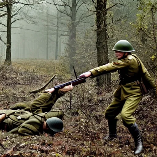 Prompt: ww 2 battlefield encounter in the woods between a german and a soviet soldier