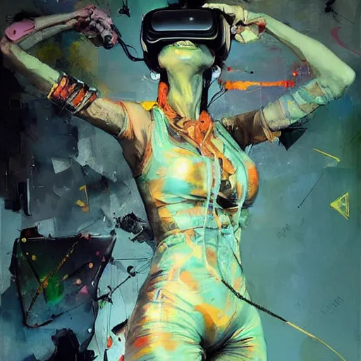 Prompt: grinning woman in a vr headset wearing leather outfit, dynamic energic pose, cyberpunk in the style of adrian ghenie, esao andrews, jenny saville, surrealism, dark art by james jean, takato yamamoto