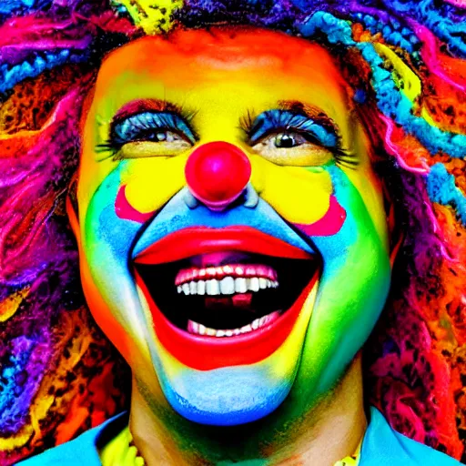 Prompt: Portrait of a colorful happy joyful clown, crazy, digital art masterpiece