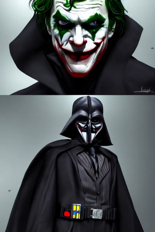 Image similar to Joker wearing vader's armor suit, full character, artstation, highly detailed, highly realistic