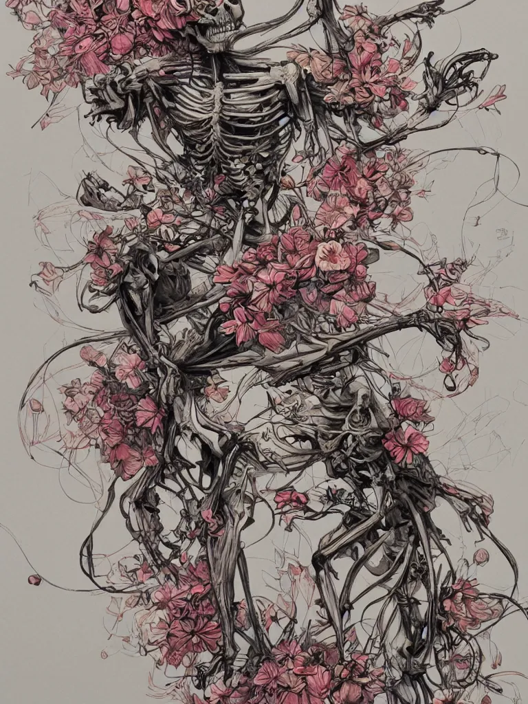 Image similar to a realistic skeleton covered in flowers in a dynamic pose, in the style of james jean and peter mohrbacher, highly detailed, soft lighting,