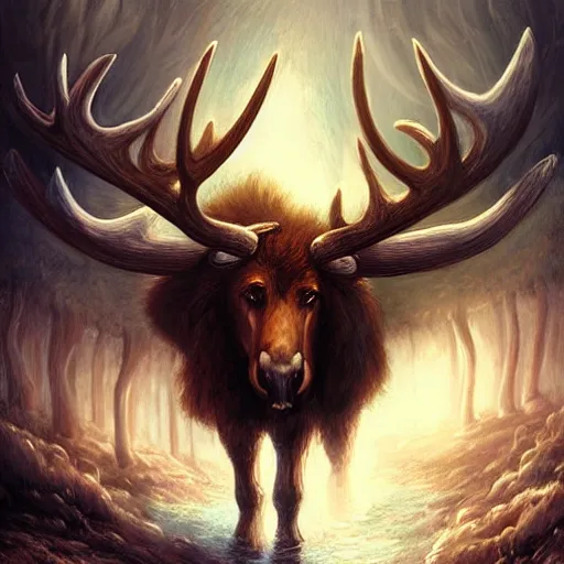 Image similar to hairy barbarian with moose head by edwin austin abbey and cyril rolando