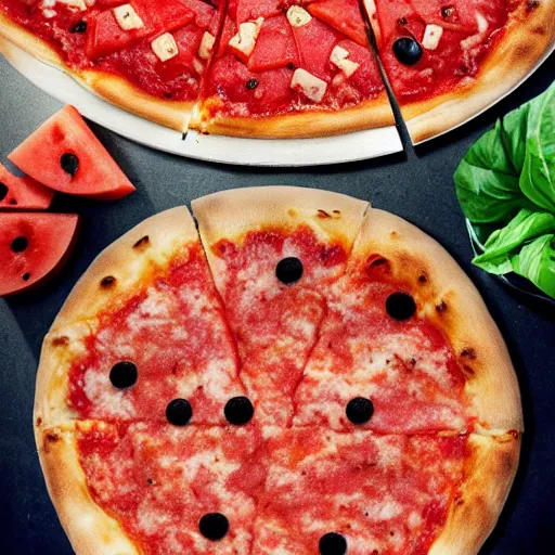 Image similar to italian pizza with watermelon, hyper realistic, 4 k, hyper detail, style by steve mccury and annie leibovitz and chindy sherman