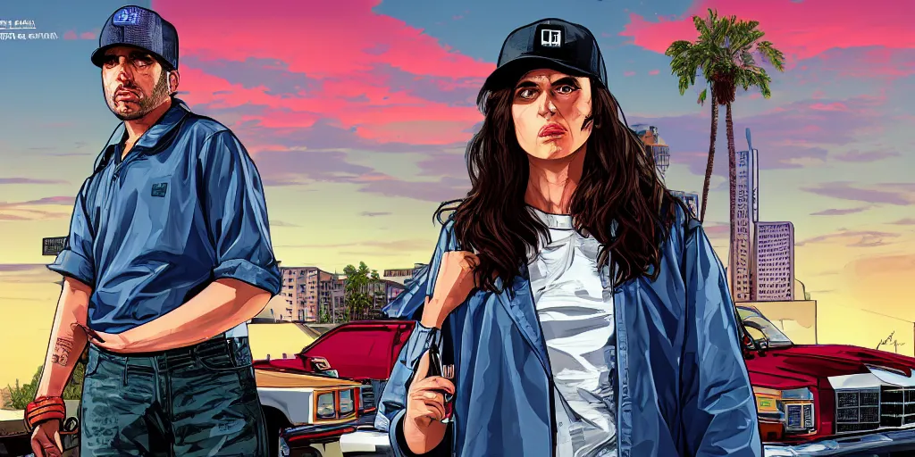 Image similar to Hila Klein as a 90s gangster in GTA V, Cover Art by Stephen Bliss, Boxart, Loading Screen. 8k Resolution