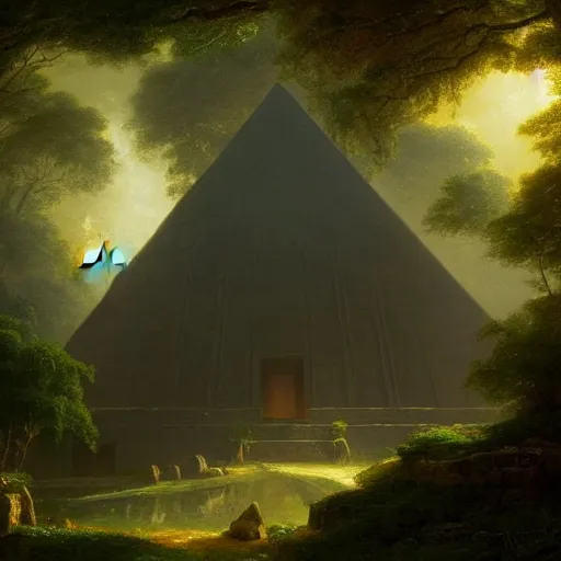 Image similar to ancient pyramid, overgrown undergrowth vegitation, dark volumentric ambient lighting, painting by thomas cole and greg rutkowski