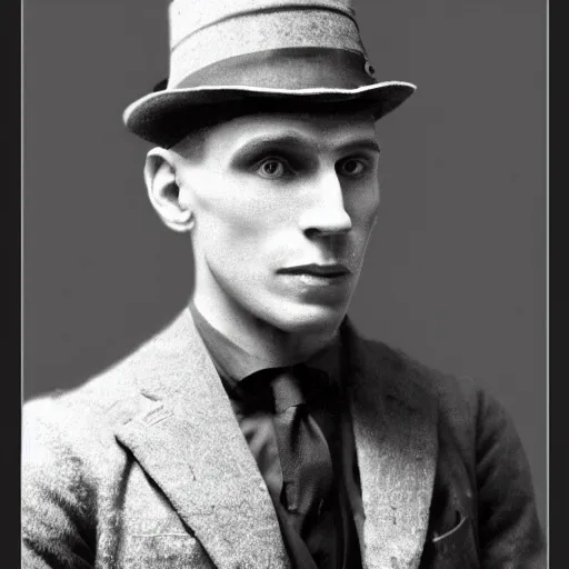 Prompt: A photograph portrait of Jerma985 wearing a pork pie hat in the early 1920s, taken in the early 1920s, grainy, taken on a early 1900s Kodak Camera, realistic, hyperrealistic, very realistic, highly detailed, very detailed, extremely detailed, detailed, digital art, trending on artstation