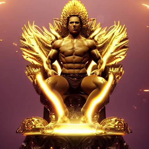 Image similar to golden god, muscular, throne, glow, fantasy, octane render, epic, award winning