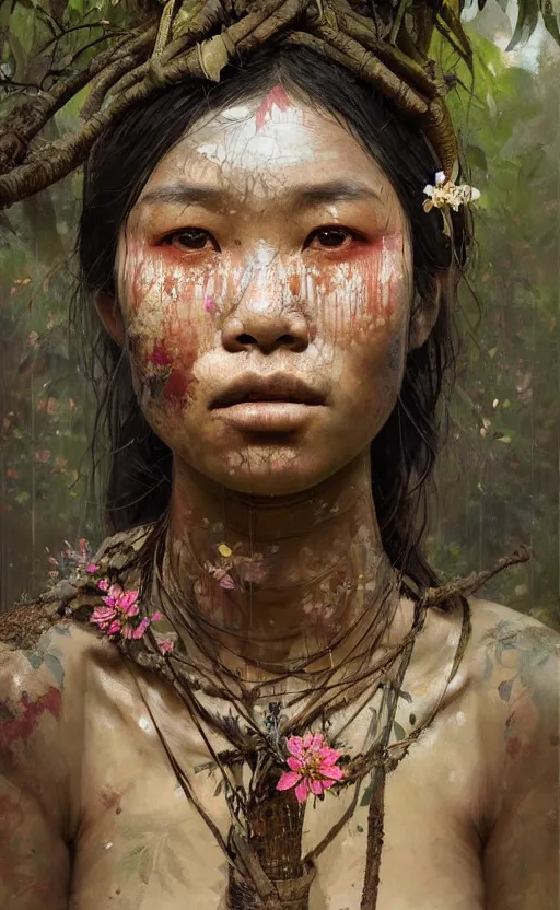 Prompt: detailed portrait of a tribal woman with asian eyes and thick lip forest girl, flowers and trees, by ismail inceoglu dragan bibin hans thoma greg rutkowski alexandros pyromallis nekro rene maritte illustrated, perfect face, fine details, realistic shaded, fine - face, pretty face