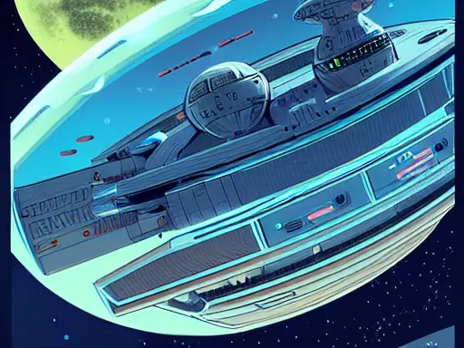 Image similar to a scifi illustration, hyper detailed external view of a starship docked at a planetary base. cinematic wide angle composition. flat colors, limited palette in FANTASTIC PLANET La planète sauvage animation by René Laloux