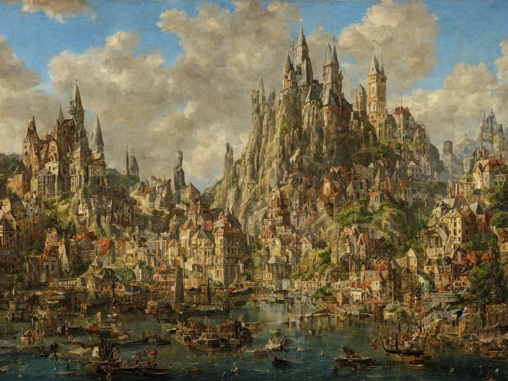 Image similar to a fantasy town, viewed from the harbor, by jean - baptist monge,