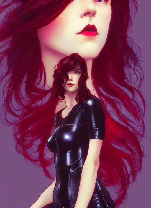 Image similar to pretty young woman with shoulder length shiny shimmering dark red hair and wearing leather suit, cyberpunk setting, path traced, highly detailed, high quality, digital painting, by studio ghibli and alphonse mucha, leesha hannigan, makoto shinkai, disney