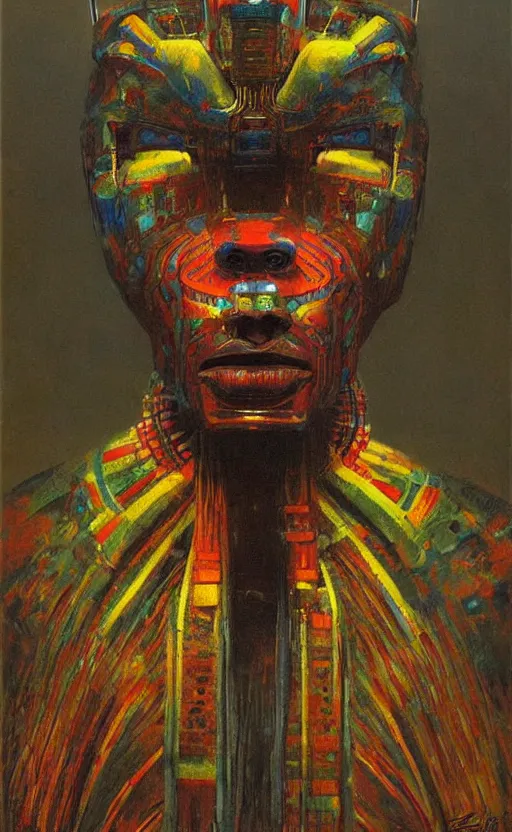 Image similar to portrait of mecha african tribal chief, symmetrical, dramatic lighting, colourful, art by zdzislaw beksinski,