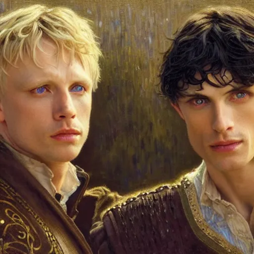 Prompt: arthur pendragon and merlin. focus on their faces. natural lighting. highly detailed painting by by gaston bussiere, donato giancola, j. c. leyendecker 8 k