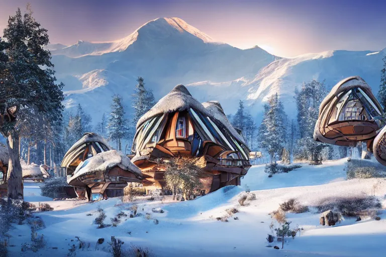 Image similar to futuristic cottage settlement with in the forest with Elbrus mountain covered by snow on the background, architecture, matte painting, high details