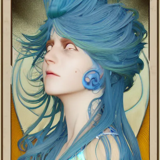 Image similar to a professional portrait of rimuru tempest with light blue hair, yellow irises, wavy havy hair, contemplating deep philosophical quandaries, as seen on deviant art, octane render, in the style of alphonse mucha, ultra realistic, highly detailed, 8 k,