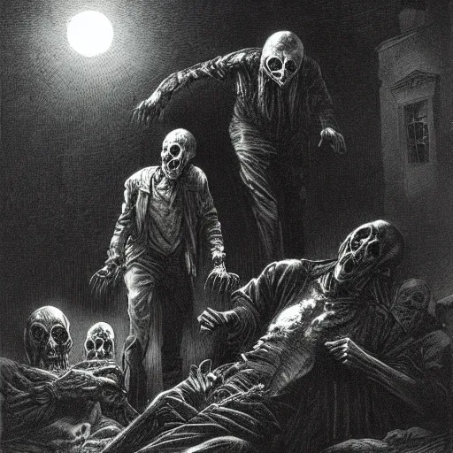 Prompt: night of the living dead, creepy atmosphere, dark, portrait, realistic, very realistic, illustration by Gustave Doré