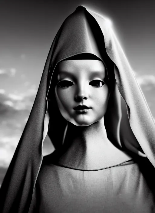 Image similar to surreal mythical dreamy dark artistic black and white fine art fashion portrait photo of a young beautiful delicate female robot - nun praying, spiritual, halo, glory, rim light, cinematic, studio dramatic light, poetic, masterpiece, octane render, 8 k, photo - realistic by gustave dore william black
