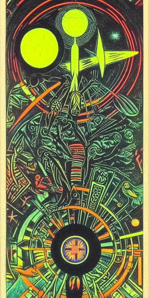 Image similar to 1968 science fiction tarot card, cut out collage, neon Aztec, spring on Saturn, epic theater, deep forest, mountain plants, drawings in part by Diego Rivera, part by Ernst Haekl, text by William S Boroughs, written by Michael Ende