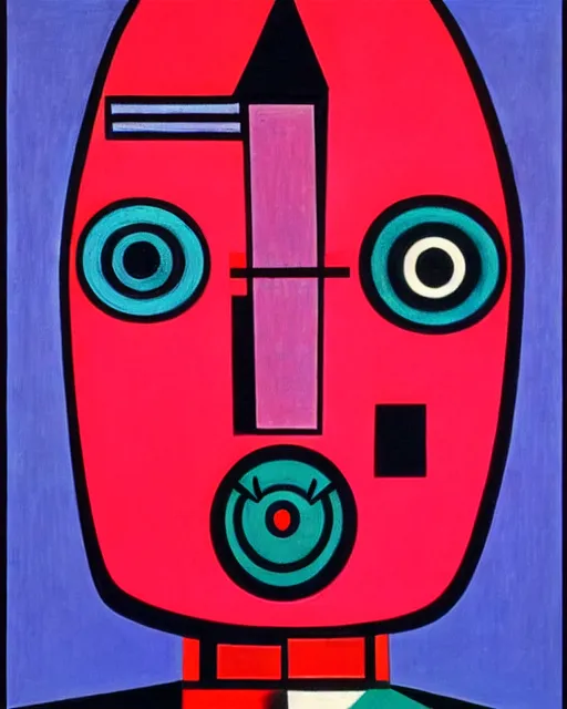 Prompt: detailed geometric pink and red cubism face of a terrified cyberpunk robot by picasso