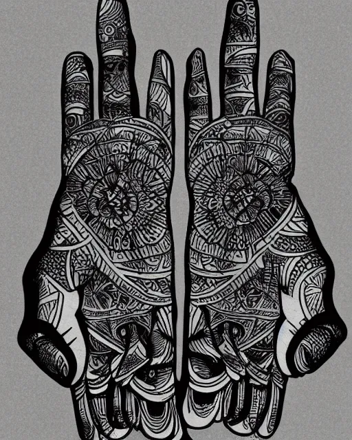 Image similar to a pair of floating hands over a crystal ball, line drawing, line illustration, t - shirt design, tattoo design