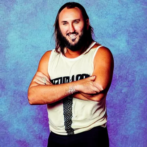 Image similar to brian houston of hillsong wearing old school wrestling outfit in the style of a 1 9 8 0 s portrait, pastel background
