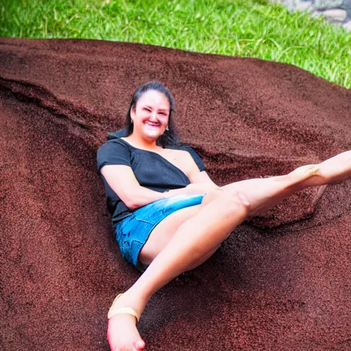 Prompt: adult sliding down chocolate pudding slip n slide legs first, professional photo taken at the park