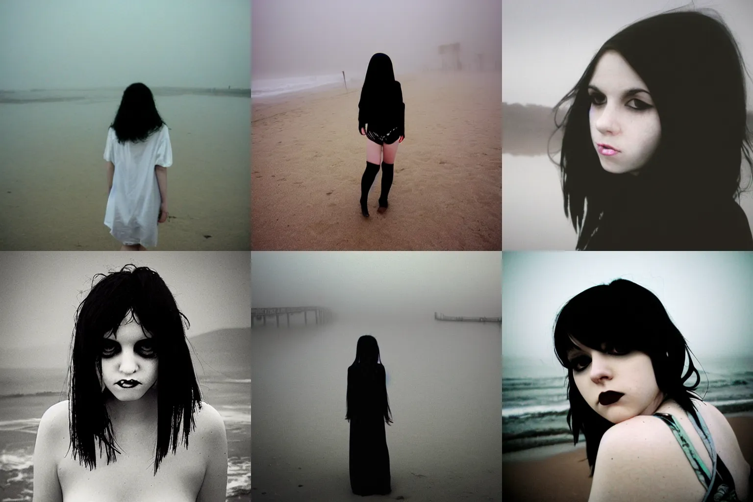 Prompt: a pale emo goth girl, black hair, on the beach on a foggy night, 2006