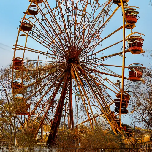 Image similar to an old abandoned rusty ferris wheel, in a town filled with pale yellow mist. Dystopian. Award-winning colored photo. OM system 12–40mm PRO II 40mm, 1/100 sec, f/2 8, ISO 800