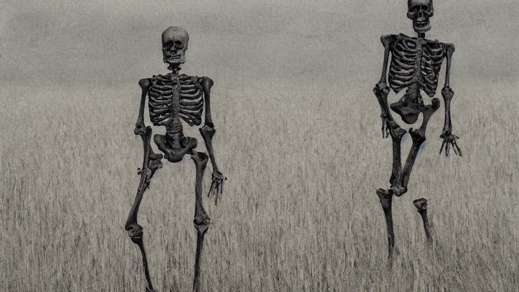 Image similar to a skeleton standing in a stomry, foggy wheat field, in the style of andrew wyeth, fine details