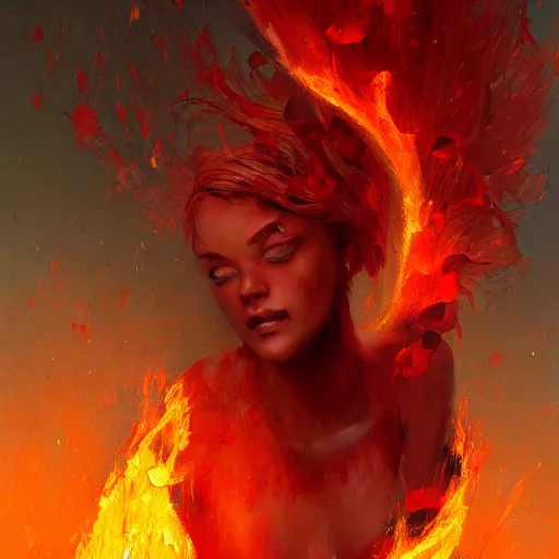 Prompt: a painting of a fire nymph by marc simonetti, high detail, trending on artstation