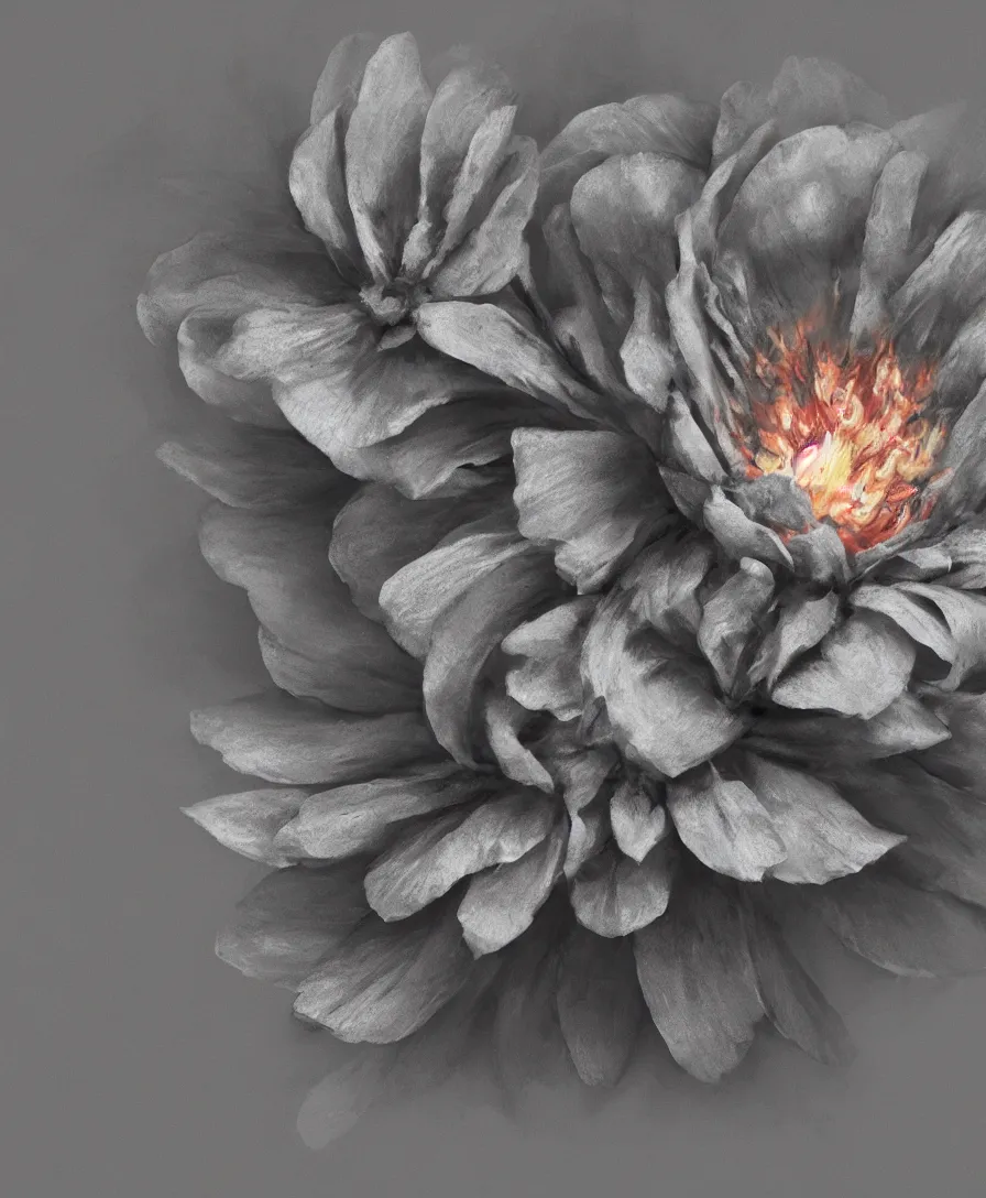 Prompt: close up, hyper realistic charcoal flower with fire texture on the petals, beaultiful background, bokeh, illustrated by greg rutkowski, beautiful volumetric lighting, intricate, ultra detailed, photorealistic, trending on artstation, octane render, 8 k