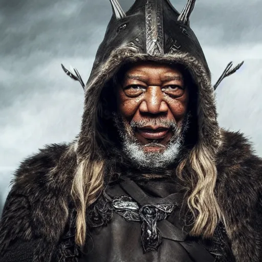 Image similar to morgan freeman in a dark viking hood playing odin all father from the thor movie, highly detailed, cinematic shot, cinematic lighting, 8 k, exquisit facial detail