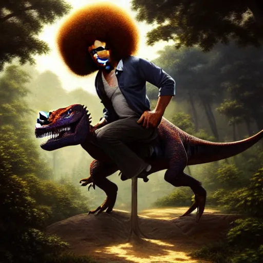 Image similar to bob ross!!! riding!!! a dinosaur!!, giant afro!, model pose, ultra realistic, concept art, intricate details, highly detailed, photorealistic, octane render, 8 k, unreal engine. art by artgerm and greg rutkowski and alphonse mucha