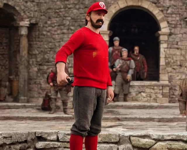 Prompt: promotional image of real life super mario in game of thrones, realistic, red cap, red clothes, detailed face, movie still frame, promotional image, imax 70 mm footage