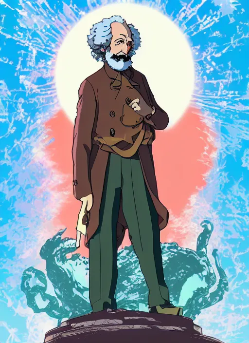 Image similar to cell shaded key visual of a karl marx in the style of studio ghibli, moebius, makoto shinkai